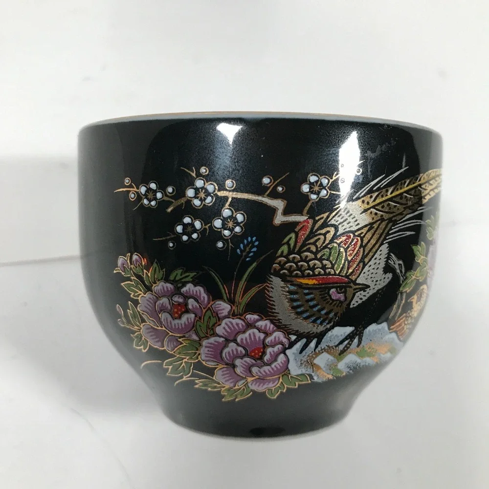 Vintage Japanese Black Ceramic Pheasant Tea Cup Set Floral Gold Trim 2pc
